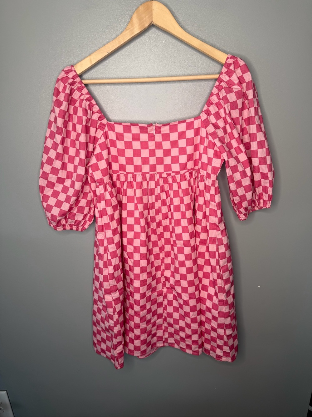 Moodie Pink Checker Square Neck Puff Sleeve Babydoll - Picture 3 of 10